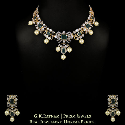 18k Gold And Diamond Polki Open Setting Necklace Set with emerald-green Beryls
