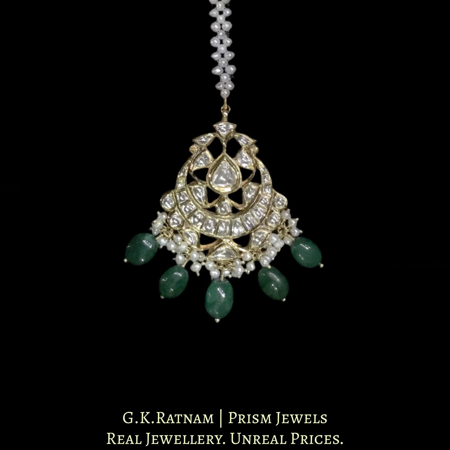 18k Gold and Diamond Polki Maang Tika With emerald-grade Green Beryls and Pearls