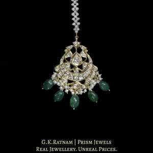 18k Gold and Diamond Polki Maang Tika With emerald-grade Green Beryls and Pearls