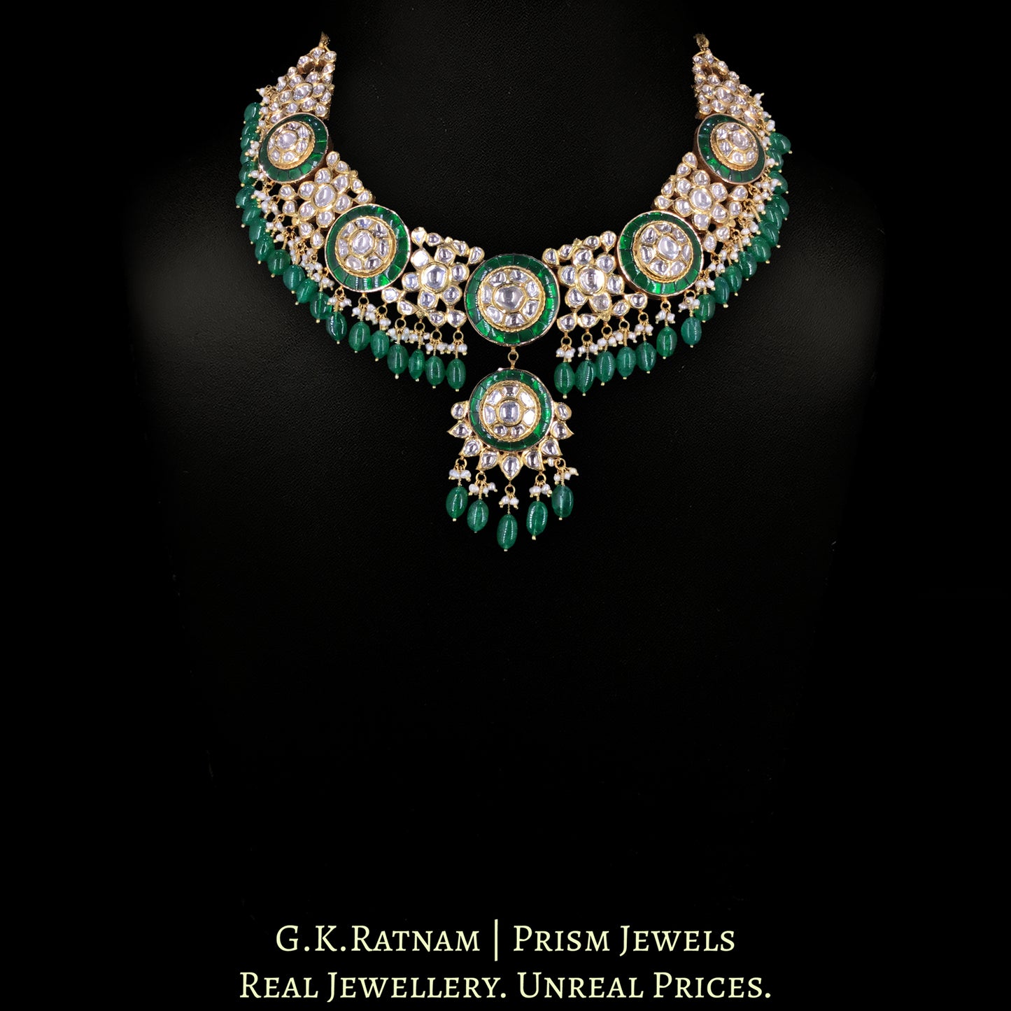 18k Gold and Diamond Polki Necklace Set with emerald-grade Green Beryls and Pearls