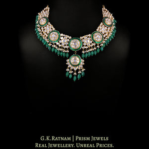 18k Gold and Diamond Polki Necklace Set with emerald-grade Green Beryls and Pearls