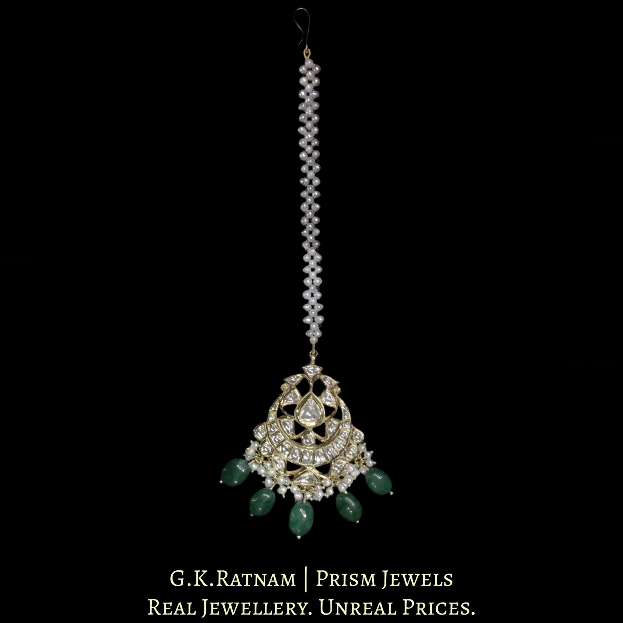 18k Gold and Diamond Polki Maang Tika With emerald-grade Green Beryls and Pearls