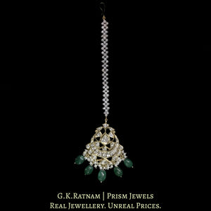 18k Gold and Diamond Polki Maang Tika With emerald-grade Green Beryls and Pearls