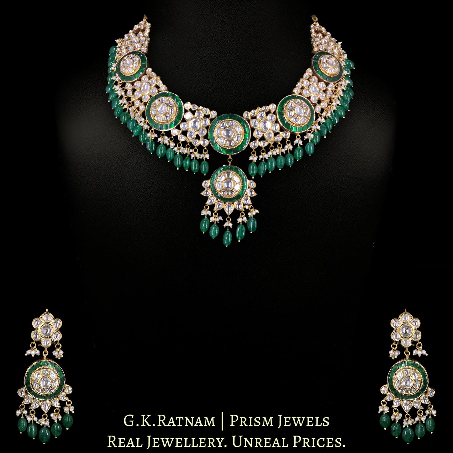 18k Gold and Diamond Polki Necklace Set with emerald-grade Green Beryls and Pearls