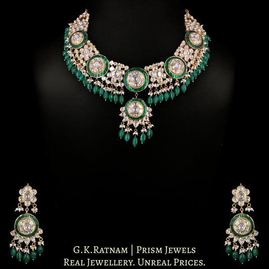 18k Gold and Diamond Polki Necklace Set with emerald-grade Green Beryls and Pearls