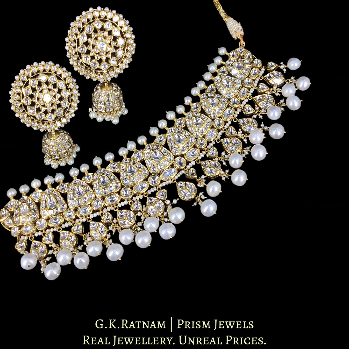 18k Gold and Diamond Polki pear-motifs Choker Necklace Set with Natural Freshwater Pearls - G. K. Ratnam