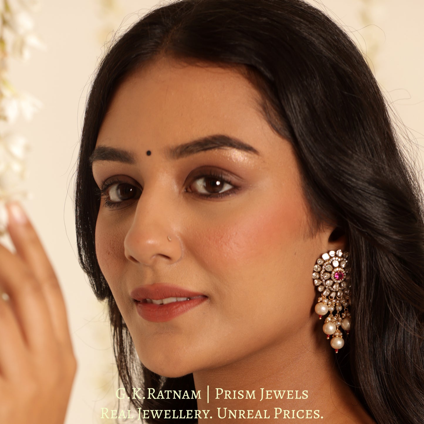14k Gold and Diamond Polki Open Setting Choker Necklace Set with Antiqued Freshwater Pearls - G. K. Ratnam