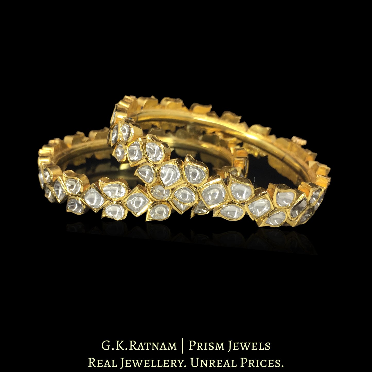 18K Gold Diamond Polki Leaf Design Bangle Pair