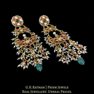 18k Gold and Diamond Polki Chand Bali Earring Pair with Antiqued Freshwater Pearls