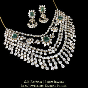 18k Gold and Diamond Polki Open Setting Necklace Set with Natural Emeralds