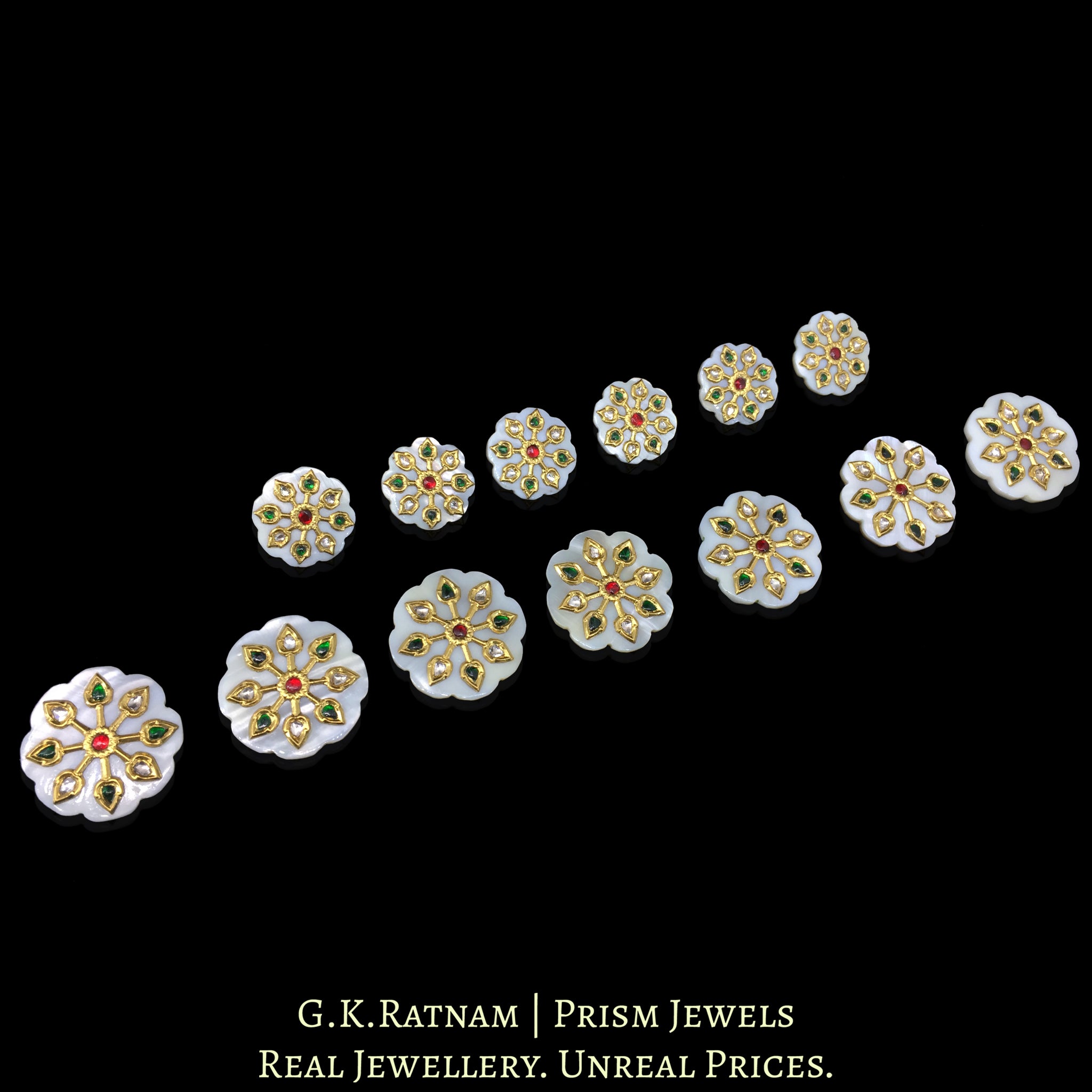 23k Gold and Diamond Polki Sherwani Buttons with inlay on MOP (Mother of Pearl)