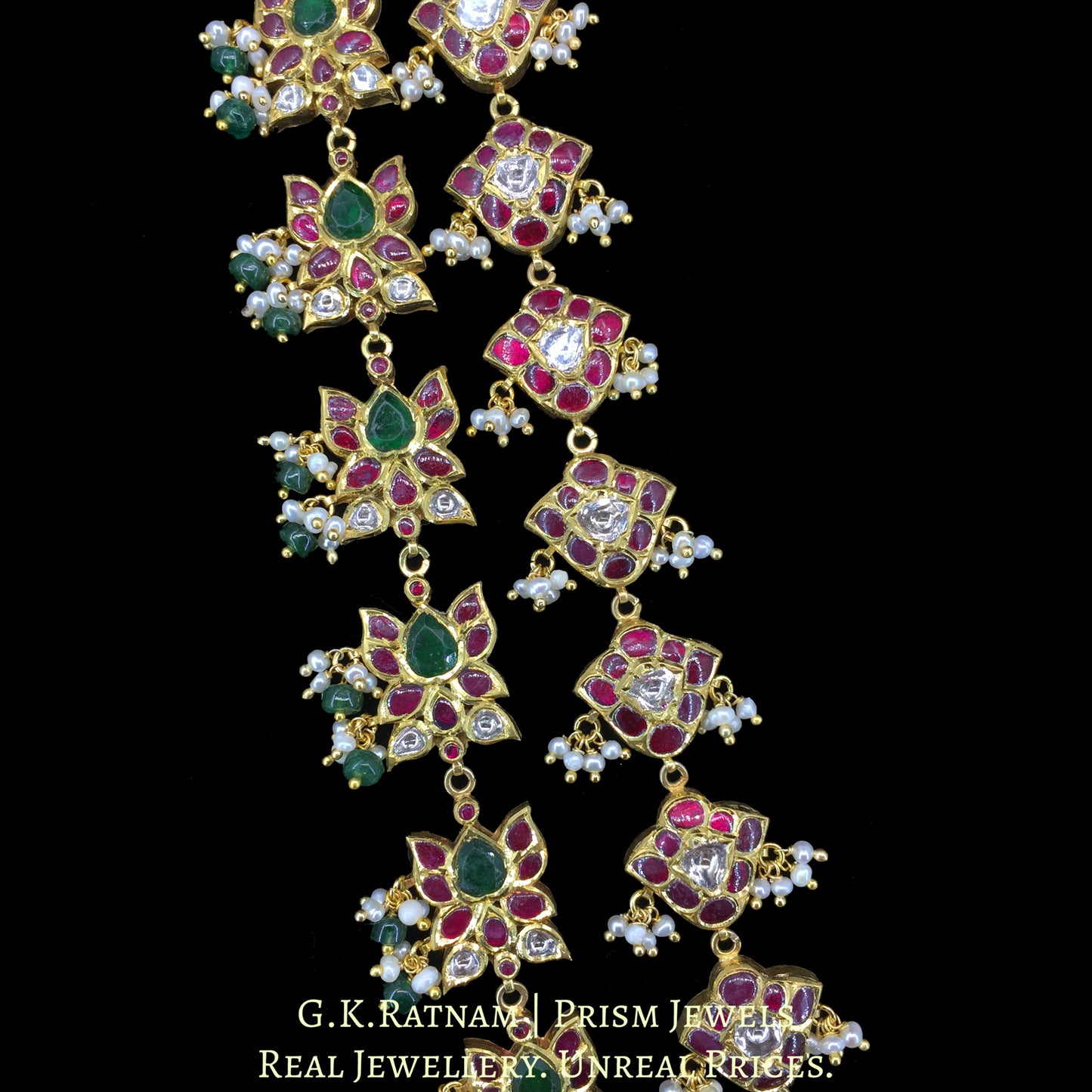 14k Gold and Diamond Polki south-style Long Haram Necklace with Natural Freshwater Pearls