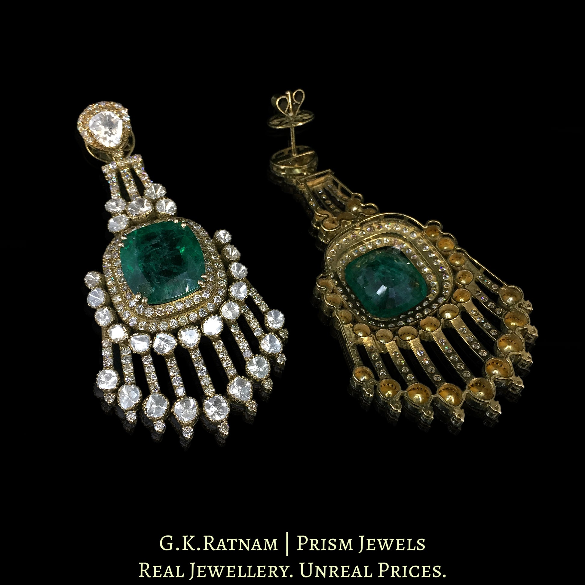 14k Gold and Diamond Polki Open Setting Long Earring Pair in victorian-finish - G. K. Ratnam