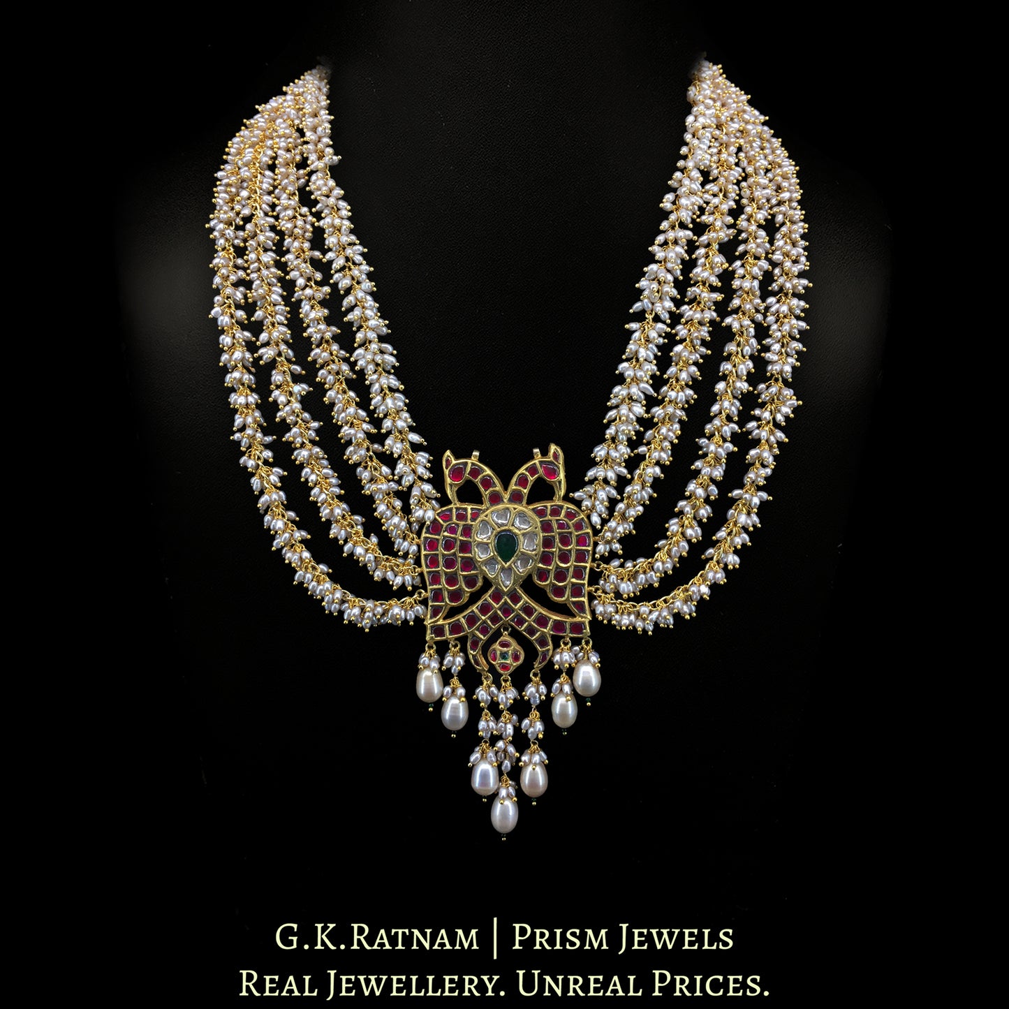 23k Gold and Diamond Polki south-style Baaz Pendant with Antiqued Freshwater Pearl Chains