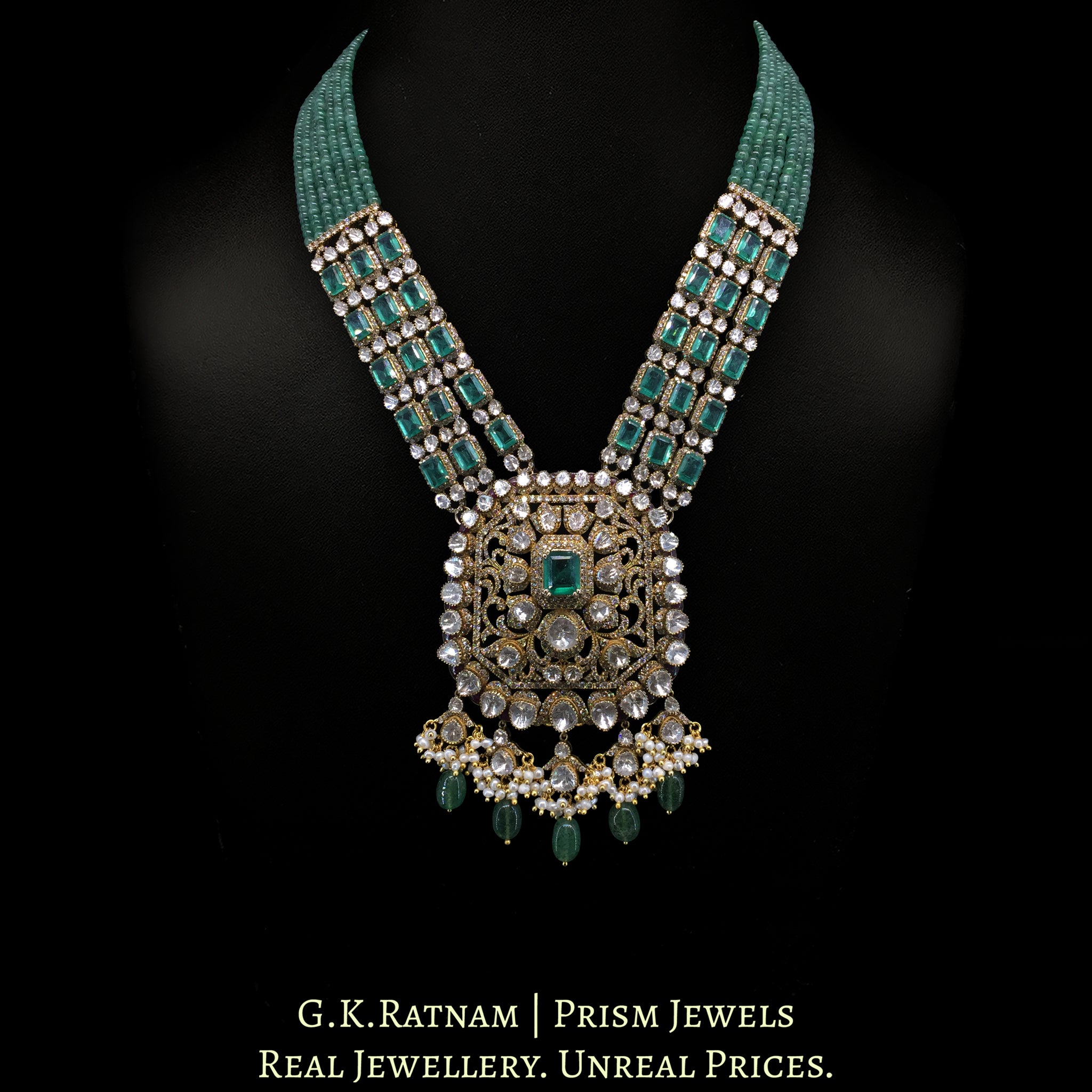 14k Gold and Diamond Polki Open Setting victorian-finish Long Necklace Set with Emeralds