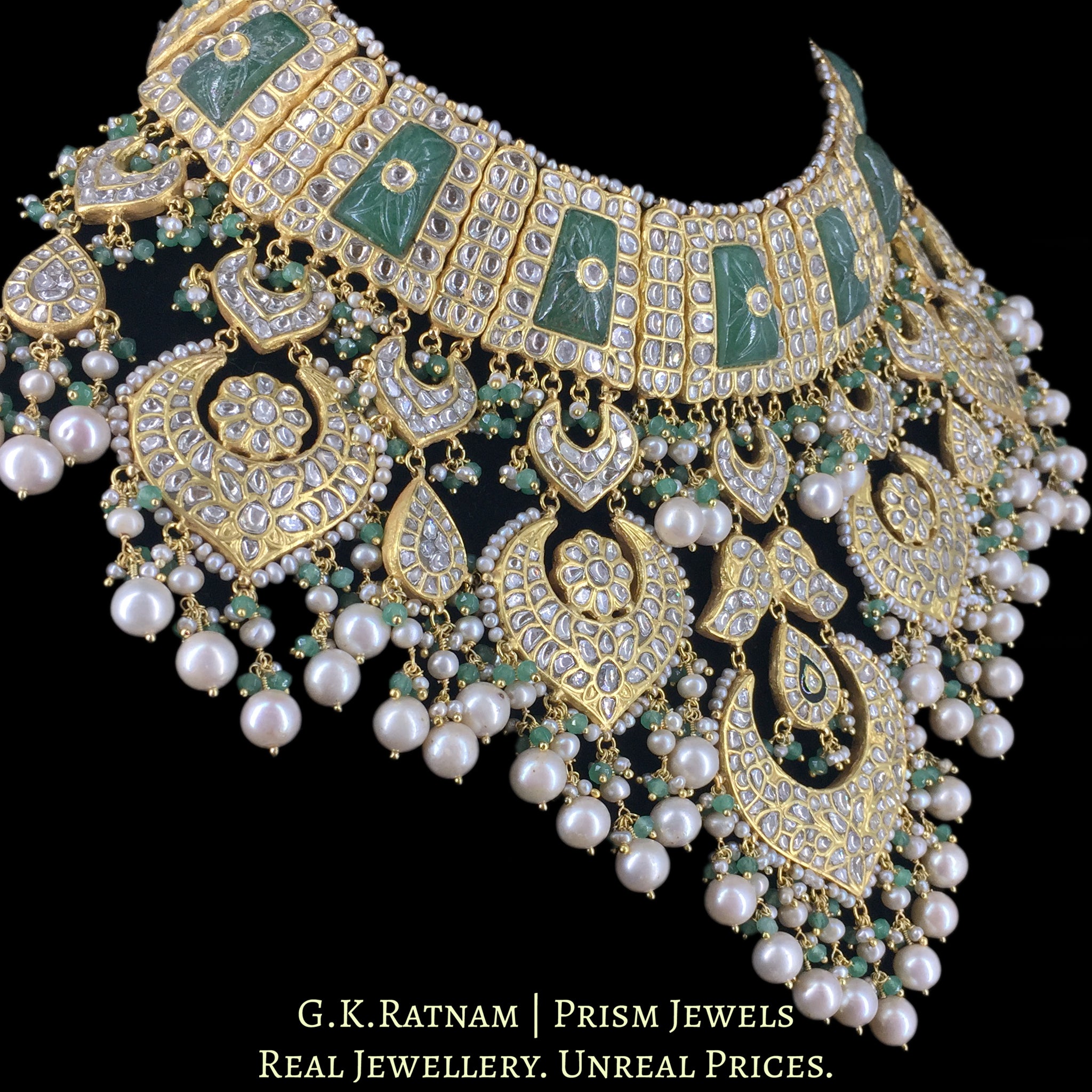 23k Gold and Diamond Polki Bridal Necklace Set with carved emerald-like Strawberry Quartz