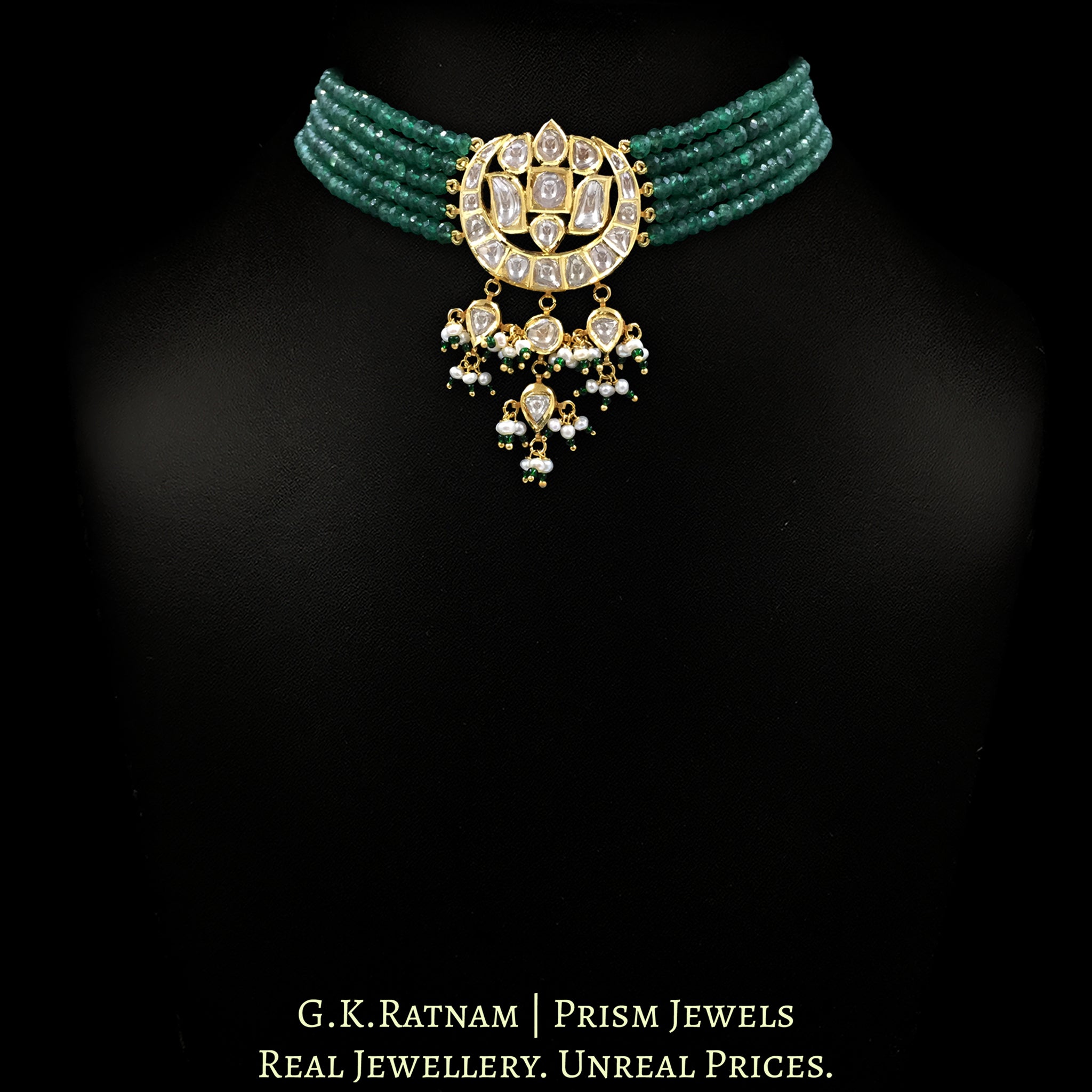 18k Gold and Diamond Polki Choker Necklace enhanced with emerald-green Strawberry Quartz