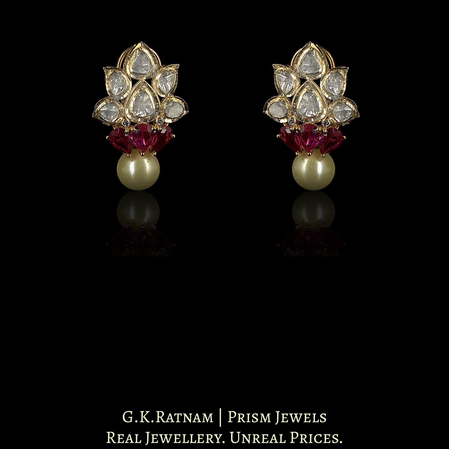 18k Gold and Diamond Polki Open Setting floral Tops / Studs Earring Pair with Rubies and Pearls