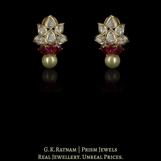 18k Gold and Diamond Polki Open Setting floral Tops / Studs Earring Pair with Rubies and Pearls