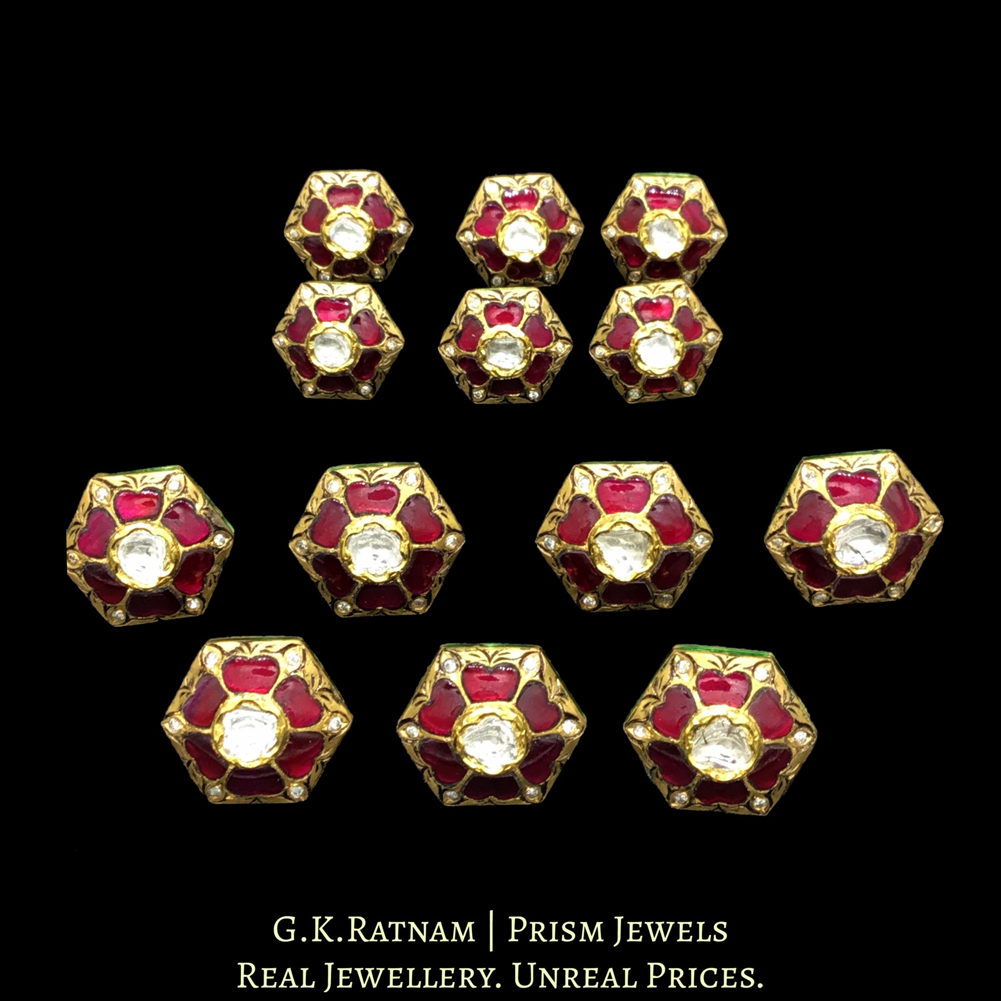 22k Gold and Diamond Polki prataj-work Sherwani Buttons with Ruby Talafs