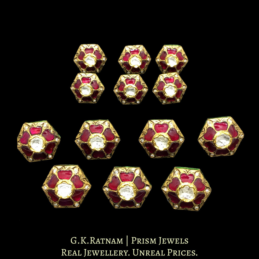 22k Gold and Diamond Polki prataj-work Sherwani Buttons with Ruby Talafs