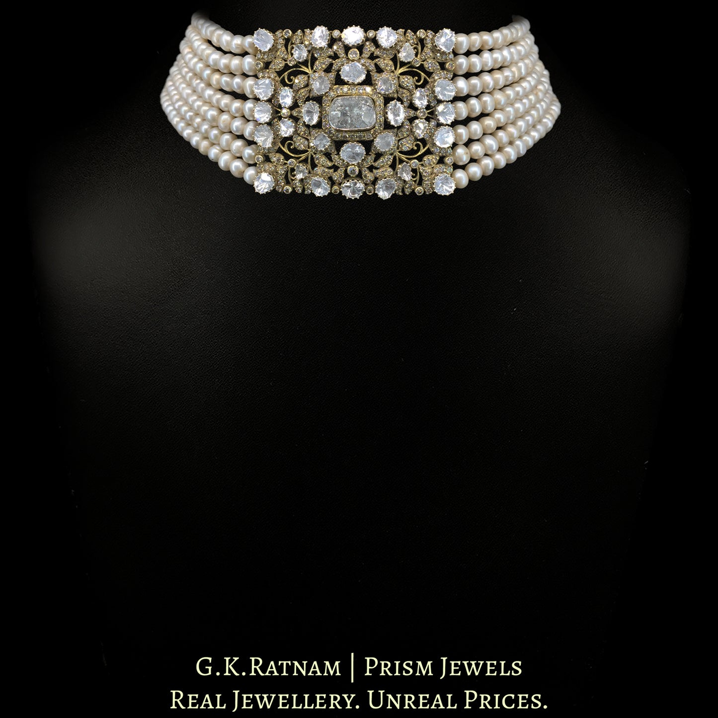 14K Gold and Diamond Polki victorian-finish Choker Necklace Set with Antiqued Freshwater Pearls