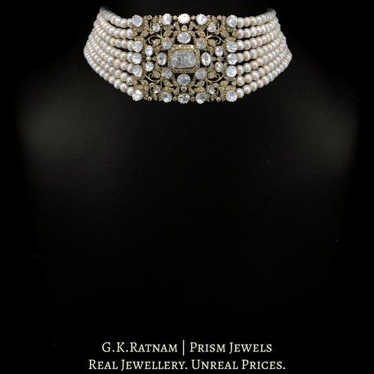 14K Gold and Diamond Polki victorian-finish Choker Necklace Set with Antiqued Freshwater Pearls