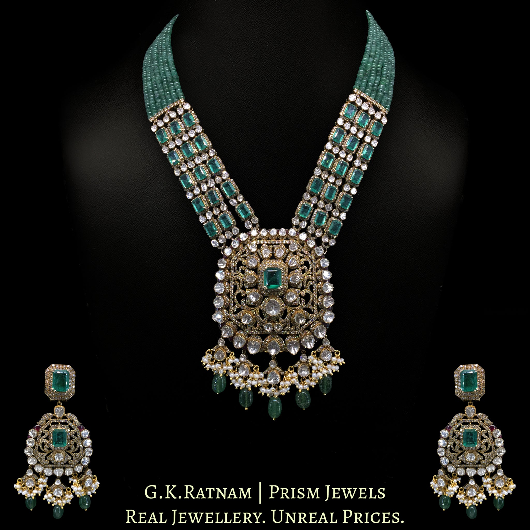 14k Gold and Diamond Polki Open Setting victorian-finish Long Necklace Set with Emeralds