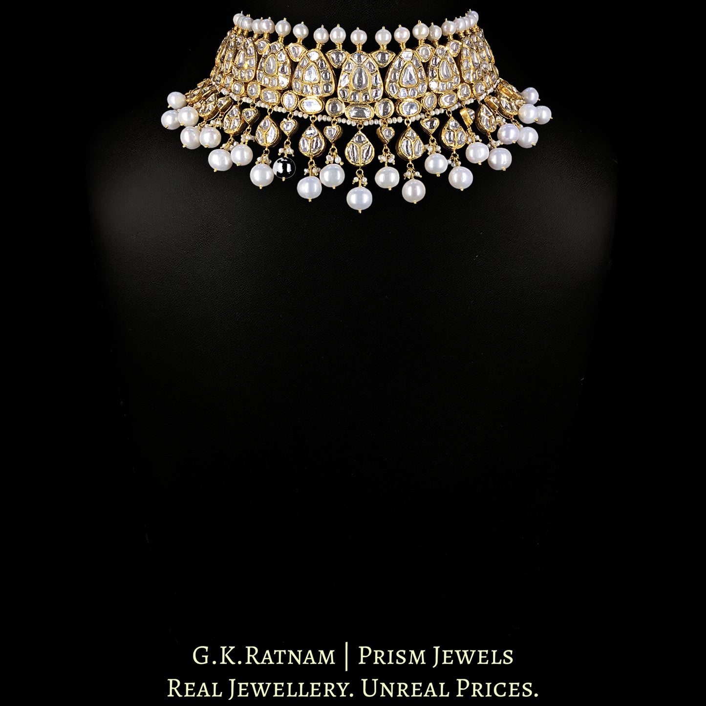 18k Gold and Diamond Polki pear-motifs Choker Necklace Set with Natural Freshwater Pearls - G. K. Ratnam