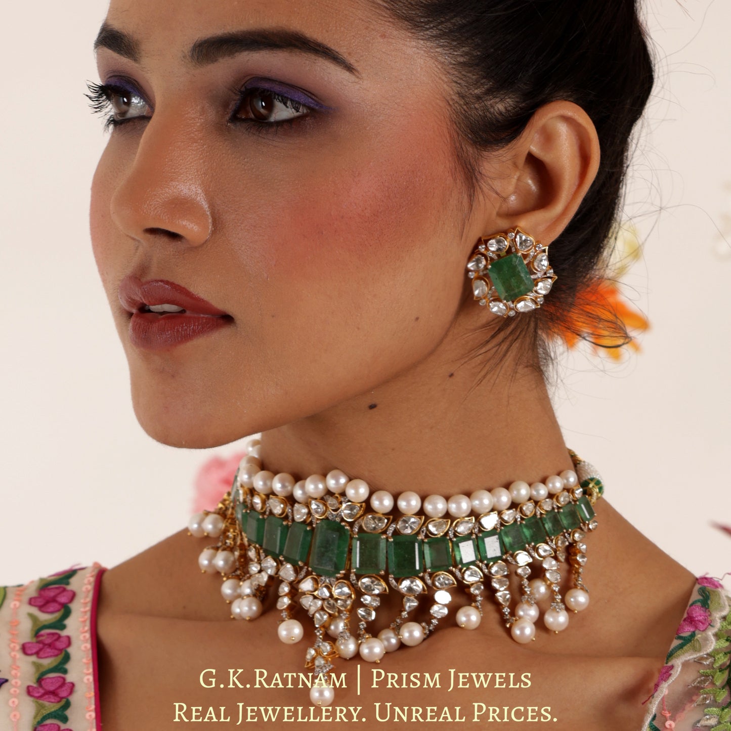 14k Gold and Diamond Polki Open Setting Necklace Set with emerald-green Strawberry Quartz