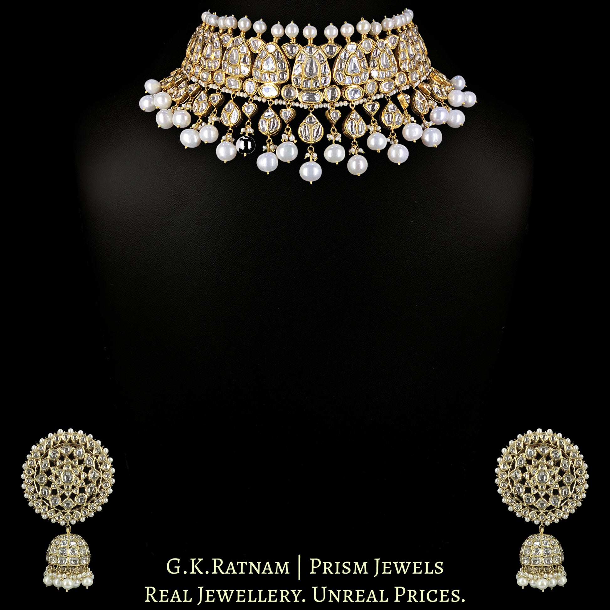 18k Gold and Diamond Polki pear-motifs Choker Necklace Set with Natural Freshwater Pearls - G. K. Ratnam