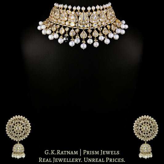 18k Gold and Diamond Polki pear-motifs Choker Necklace Set with Natural Freshwater Pearls - G. K. Ratnam
