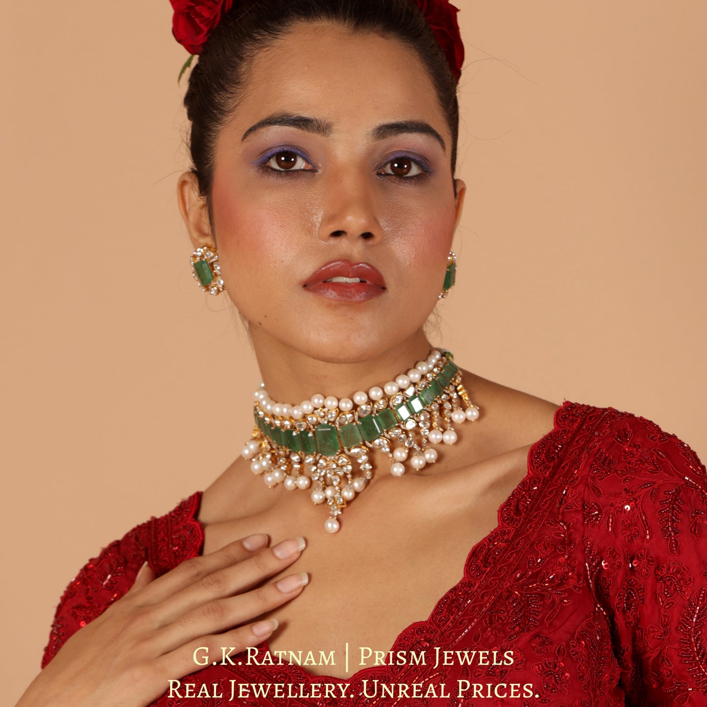 14k Gold and Diamond Polki Open Setting Necklace Set with emerald-green Strawberry Quartz