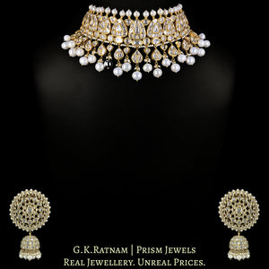 18k Gold and Diamond Polki pear-motifs Choker Necklace Set with Natural Freshwater Pearls