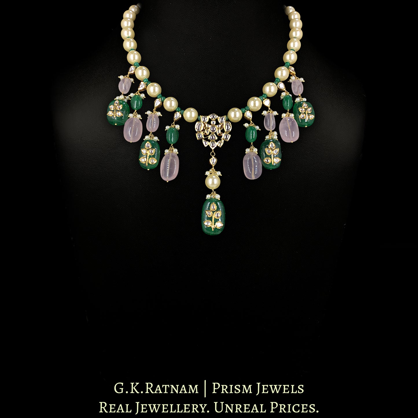 18k Gold and Diamond Polki Necklace with Pearls, Rose Quartz and Beryls with intricately set Polkies