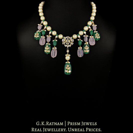18k Gold and Diamond Polki Necklace with Pearls, Rose Quartz and Beryls with intricately set Polkies