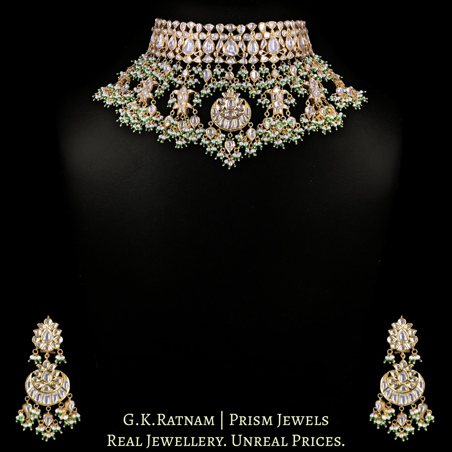 18k Gold and Diamond Polki Choker Necklace Set With Fishes