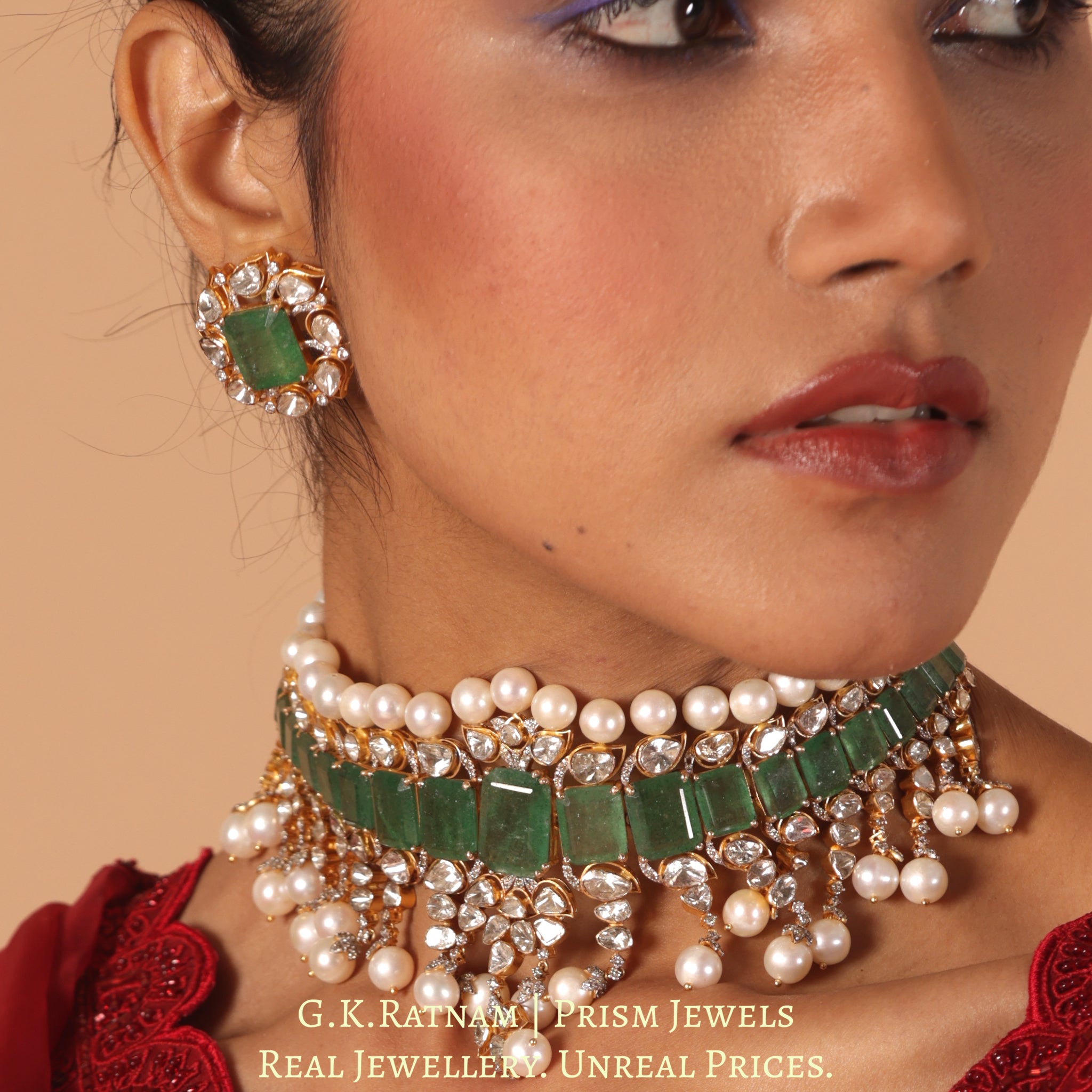 14k Gold and Diamond Polki Open Setting Necklace Set with emerald-green Strawberry Quartz