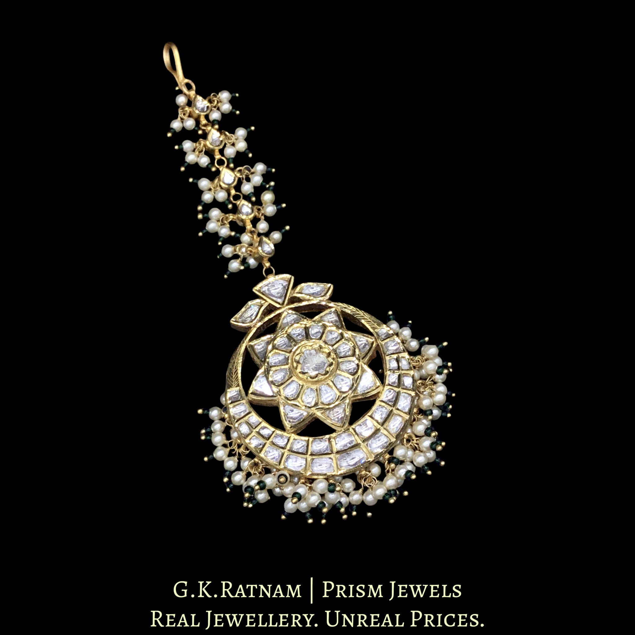 18k Gold and Diamond Polki Maang Tika with Pearl Bunches and a hint of green