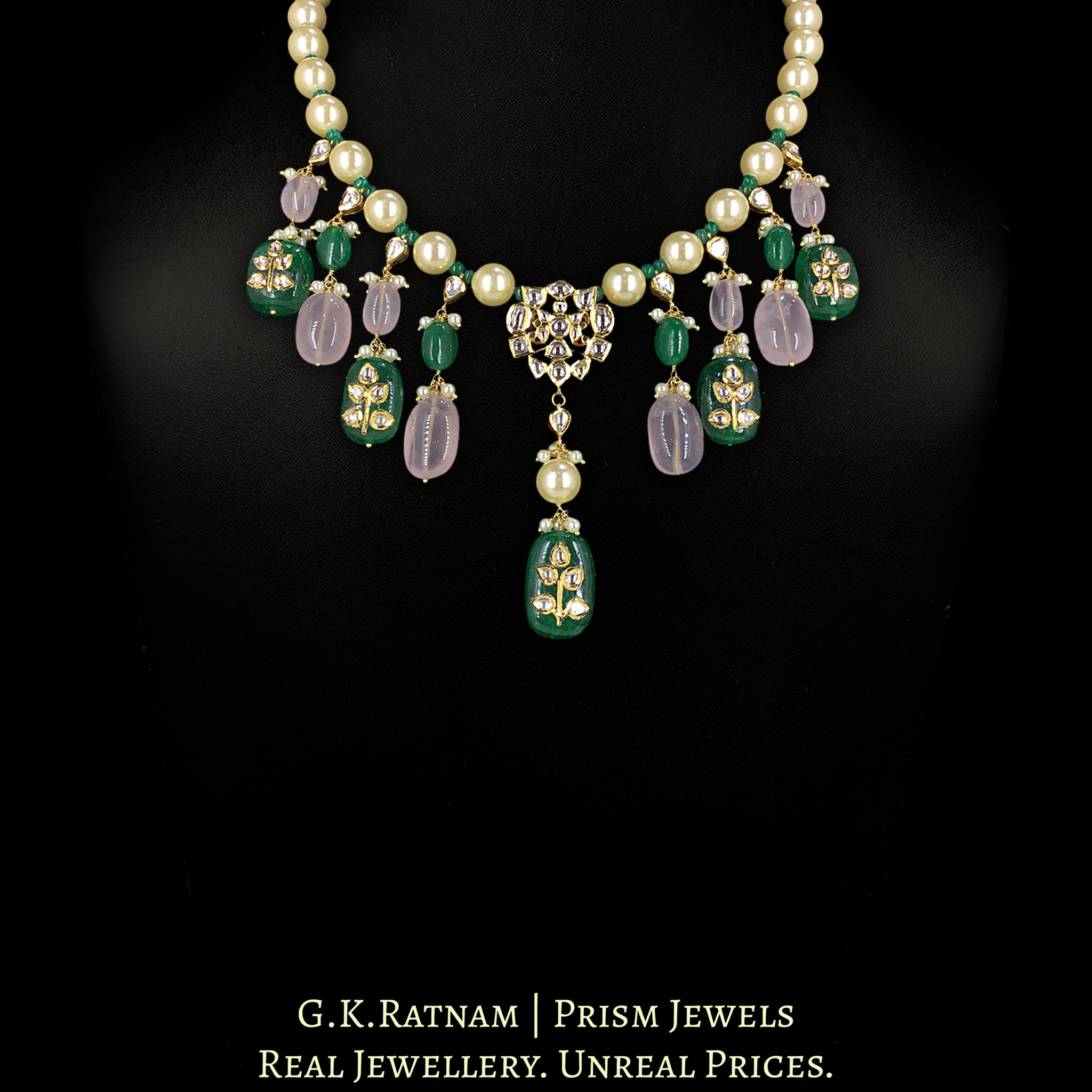 18k Gold and Diamond Polki Necklace with Pearls, Rose Quartz and Beryls with intricately set Polkies