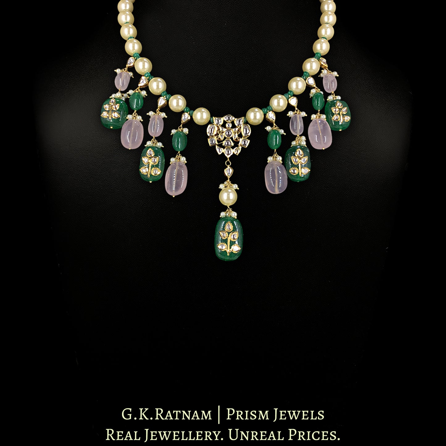 18k Gold and Diamond Polki Necklace with Pearls, Rose Quartz and Beryls with intricately set Polkies