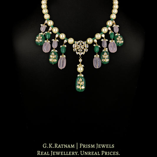 18k Gold and Diamond Polki Necklace with Pearls, Rose Quartz and Beryls with intricately set Polkies