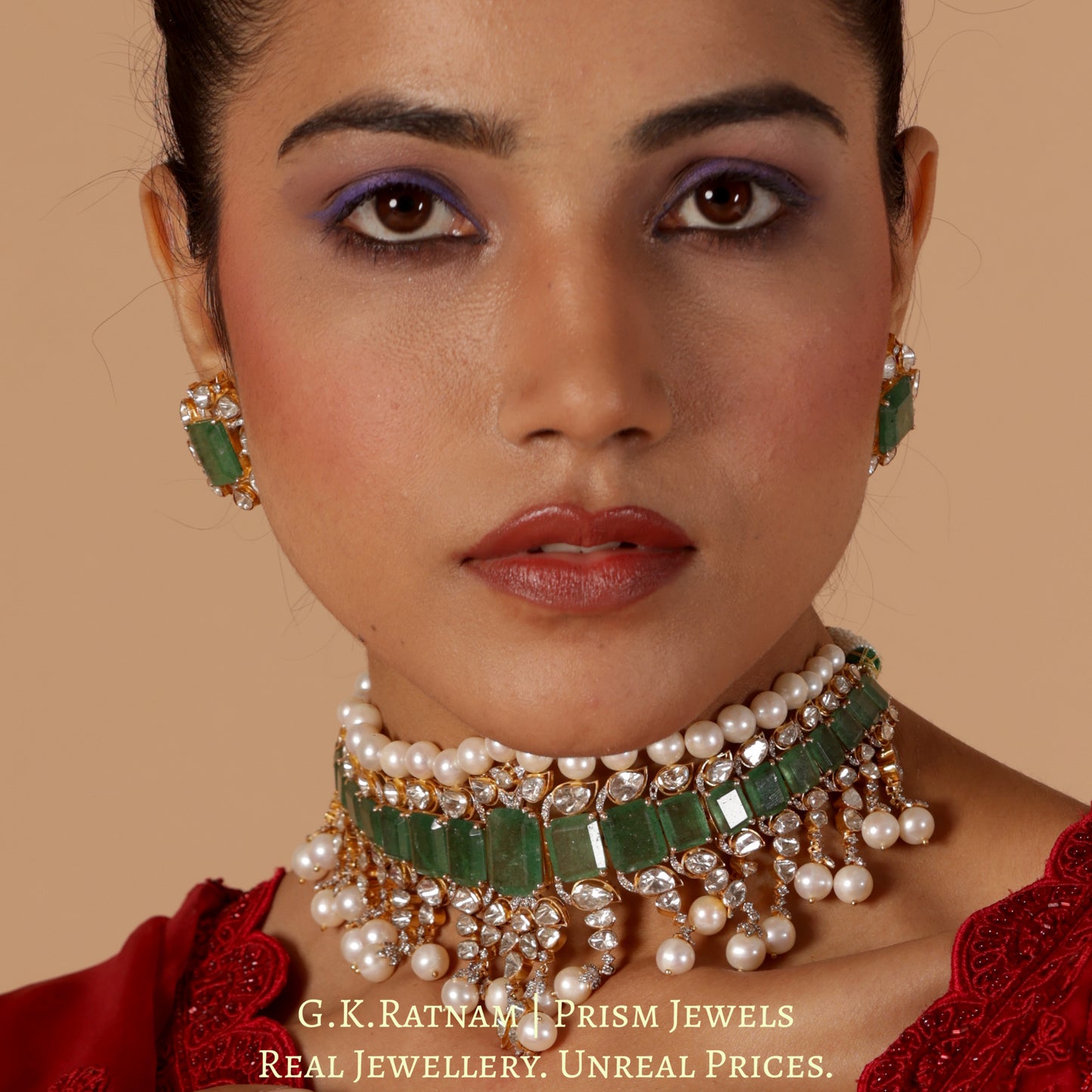 14k Gold and Diamond Polki Open Setting Necklace Set with emerald-green Strawberry Quartz