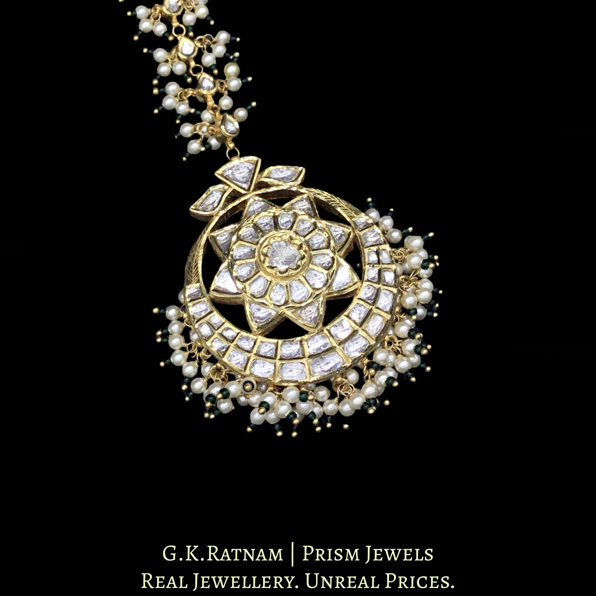 18k Gold and Diamond Polki Maang Tika with Pearl Bunches and a hint of green