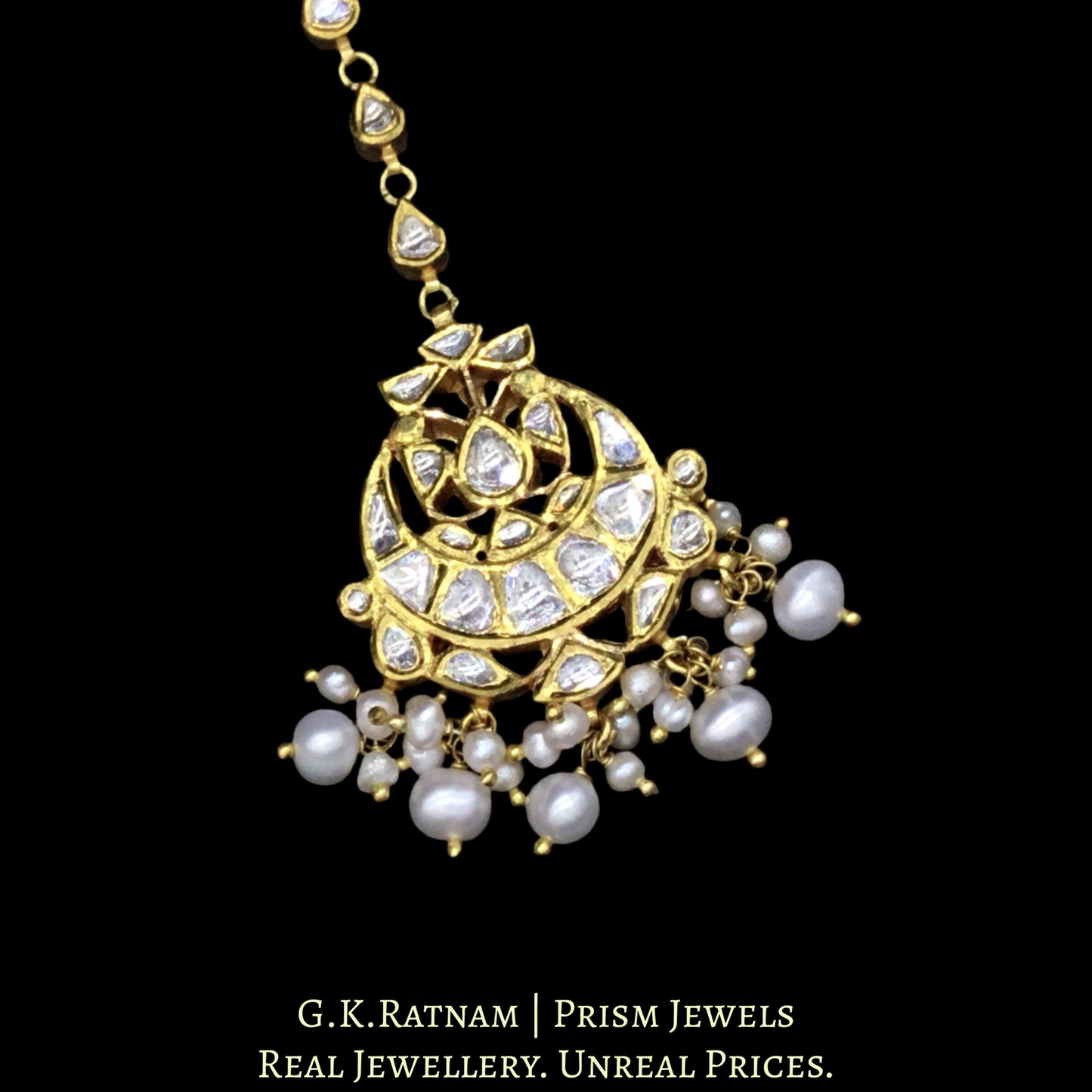 18k Gold and Diamond Polki Maang Tika with Natural Freshwater Pearls