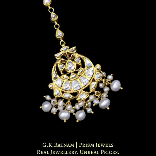 18k Gold and Diamond Polki Maang Tika with Natural Freshwater Pearls