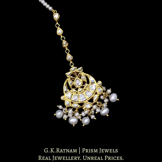 18k Gold and Diamond Polki Maang Tika with Natural Freshwater Pearls