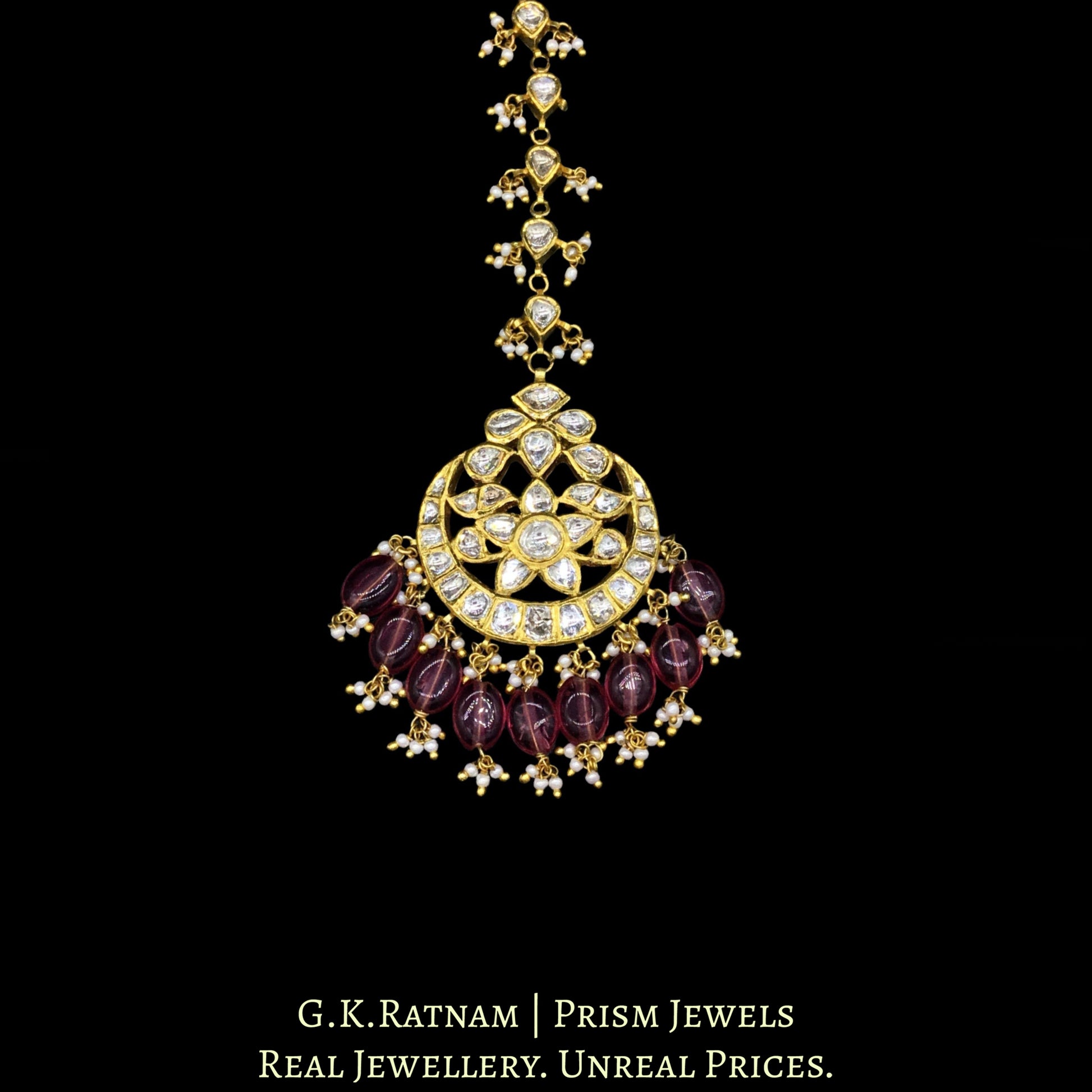 18k Gold and Diamond Polki Maang Tika with tourmaline-pink stones - G. K. Ratnam