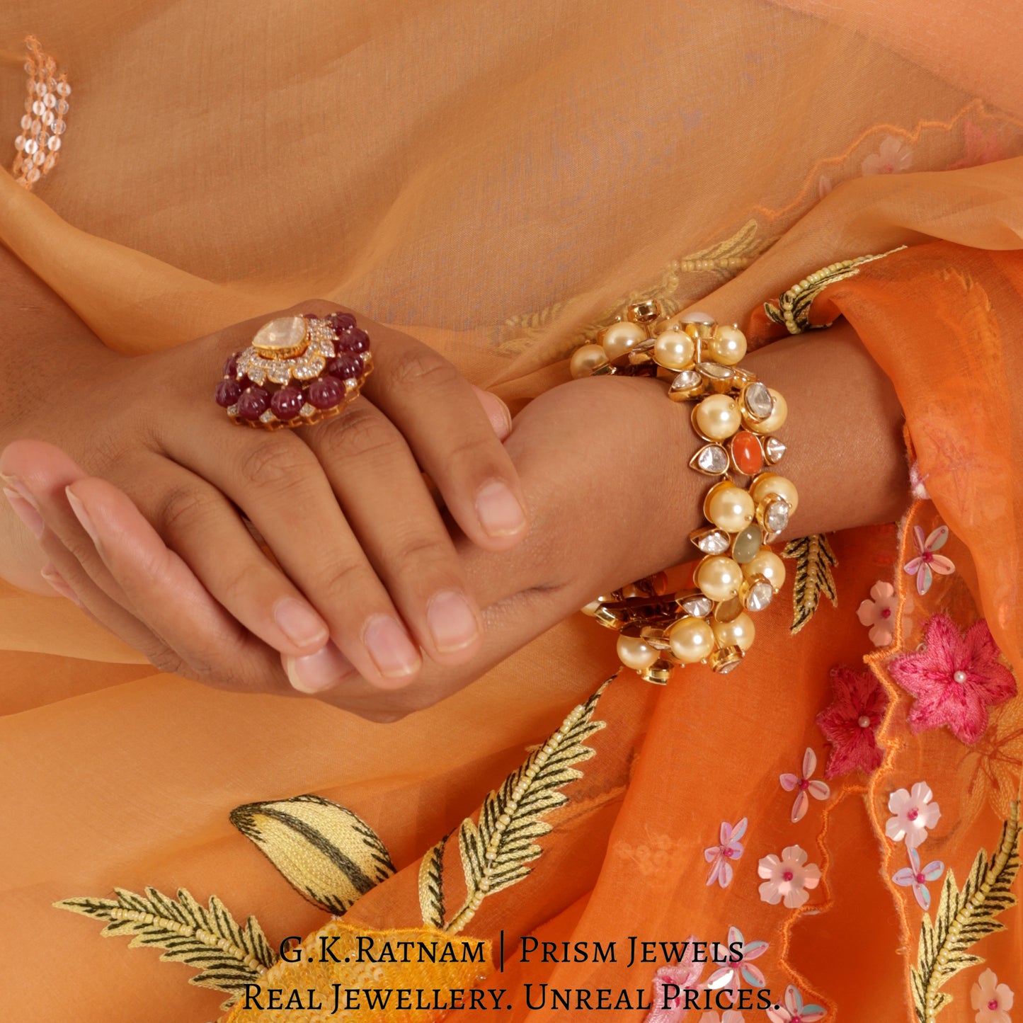 18k Gold and Diamond Polki Open Setting Bracelet with Navratna Stones