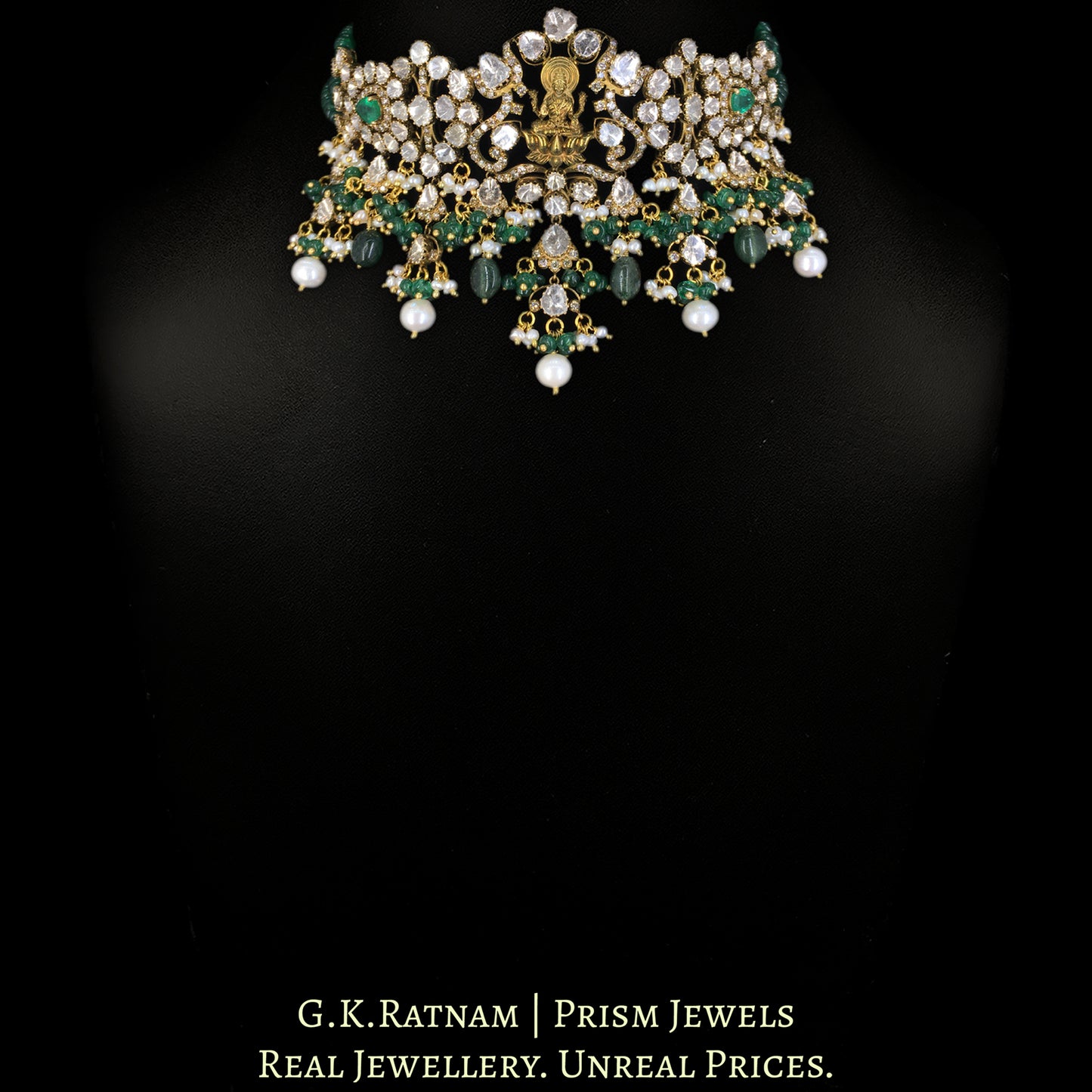 18k Gold and Diamond Polki Open Setting victorian-finish Choker Necklace strung with Strawberry Quartz